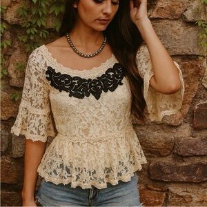 Free People Cream Lace Black Appliqué Peplum Blouse Sheer Bell Sleeve Small S